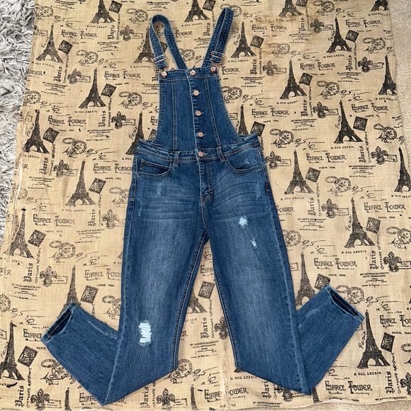Guess Aviana Blue Wash Real Denim Distressed Skinny Overalls Size 28 - Picture 2 of 12